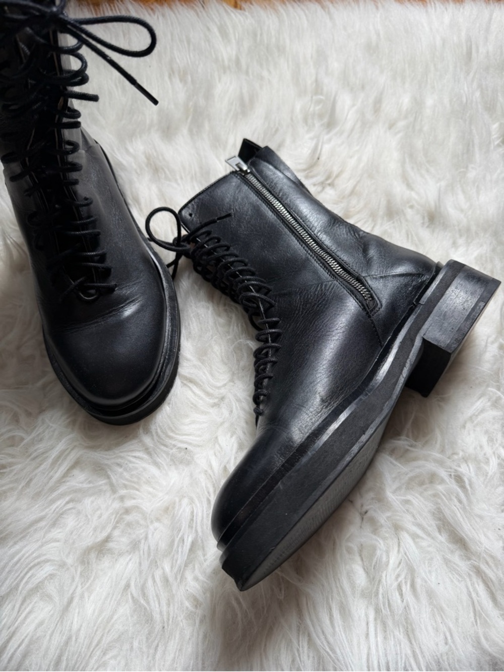 AllSaints Mina Black Leather Lace-Up Combat Boots with Side Zip Grunge